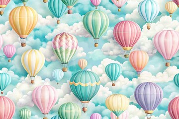 Pastel Hot Air Balloons & Clouds Seamless Pattern - Dreamy Sky Background