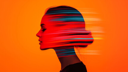 This features creative silhouette of woman with vibrant colors and motion effects, conveying sense of energy and dynamism
