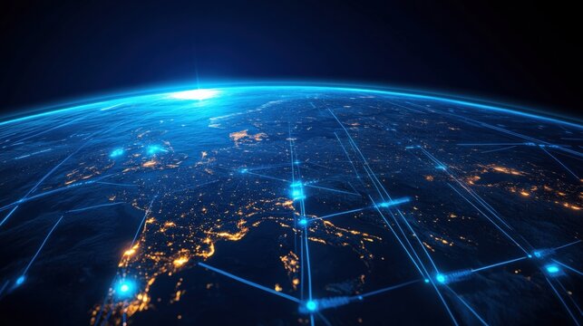 Global digital connectivity expansion earth infographic outer space aerial view network concept