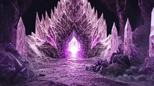 Glowing crystal cavern with sharp formations and luminescent light illuminating the entrance