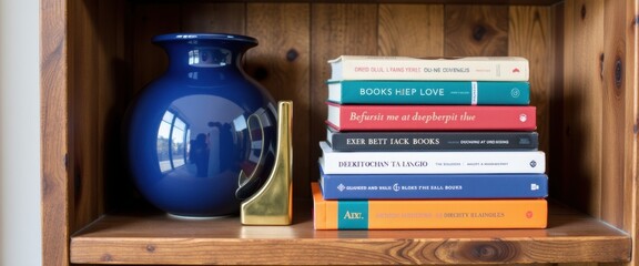Bookshelf with decorative blue vase and book collection, featuring titles for reading enthusiasts