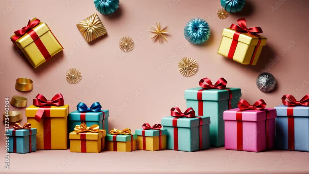 Aufkleber A stack of colorful boxes with red bows on them. The boxes are of different sizes and colors