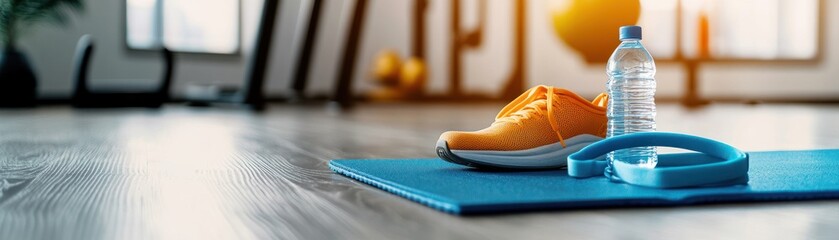 Workout essentials placed on a blue yoga mat indoors