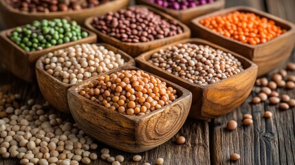 Naklejka premium A selection of dry legumes like chickpeas, lentils, and beans, arranged in wooden containers on a wooden table for a wholesome meal
