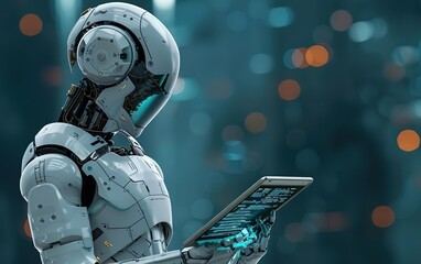 Robot looking for information on a tablet. AI centered world concept. Digital transformation, neural networks, deep learning, tech savvy, augmented reality, virtual connectivity, adaptive systems