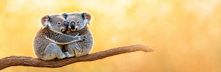 Fototapeta premium Cuddling koalas on branch, showcasing affection in warm setting
