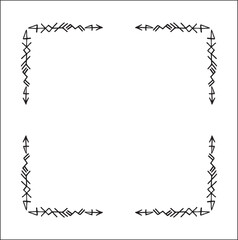 Elegant black and white ornamental frame with Viking runes, decorative border, corners for greeting cards, banners, business cards, invitations, menus. Isolated vector illustration.	