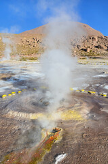 El Tatio  geothermal field with many geysers located in the Andes Mountains of northern Chile