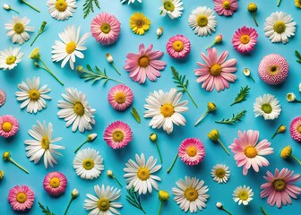 Spring Daisy Floral Pattern: Repeating Flat Lay on Blue Background