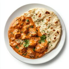 Traditional butter chicken with creamy sauce and naan bread on a white plate isolated on white