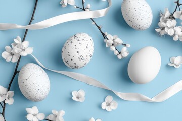 Obraz premium A picture of blue background with white and black speckled eggs and flowers, great for decoration or illustration