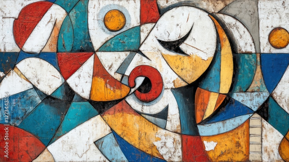 Poster Geometric abstract painting with circles and triangular shapes overlaying each other