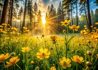 Obraz premium Sunrise Forest Dew-Kissed Wild Yellow Flowers Stock Photo