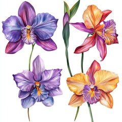 Floral set of orchids on an isolated white background, watercolor, tropical flowers. 