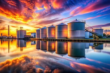 Obraz premium Sunrise Panorama: Industrial Storage Tanks Reflection on Calm Water