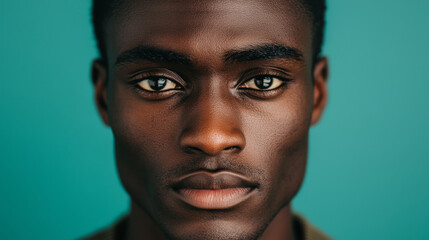 Obraz premium close up portrait of man with dark skin and intense eyes, showcasing strong facial features and neutral expression