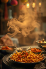 A close-up of steaming spaghetti on a dark plate, coated in a tomato-based sauce with herbs. Warm lighting and a blurred background create a cozy dining atmosphere, emphasizing texture and freshness.