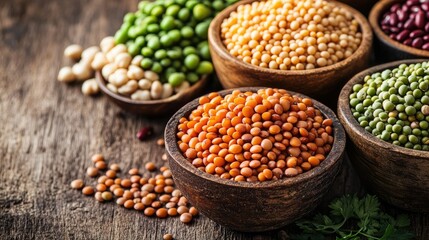 Fototapeta premium A variety of dry legumes like lentils, chickpeas, and kidney beans arranged in bowls on a wooden table, promoting a healthy diet
