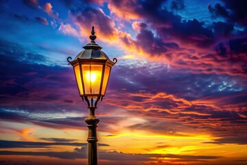 Twilight Sky Illuminated Vintage Street Lamp - Romantic Night Scene Stock Photo