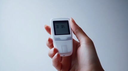 A hand holding a glucose testing device showing a blood sugar reading. Featuring health monitoring and diabetes management