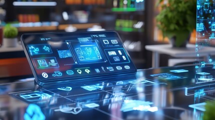 Innovative technology showcase modern store digital media retail environment close-up viewpoint futuristic concept for seo impact