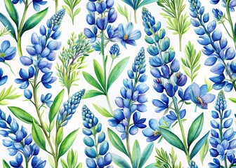 Watercolor Bluebonnet Floral Pattern Seamless Design, White Background - Spring Textile Print