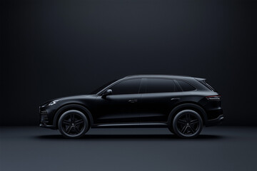 Fototapeta premium Makieta SUV-a klasy premium o czystej i minimalistycznej estetyce, umieszczona na gładkiej, odblaskowej powierzchni. Pojazd ma matowe, czarne wykończenie, miękkie cienie i eleganckie krzywizny.