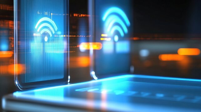 Wireless technology action digital devices modern office high-tech environment close-up view connectivity concept