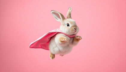Superhero rabbit, Cute bunny with a red cloak and mask jumping and flying on pink background with copy space. The concept of a superhero, funny pet, leader, funny animal studio shot