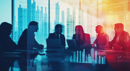 Silhouetted business meeting with graph overlays in modern office setting