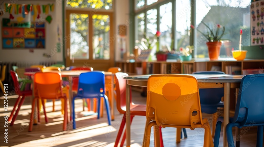 Poster Brightly colored chairs in various hues surround a central table in a well lit classroom filled with natural light from large windows, creating a cheerful learning environment.