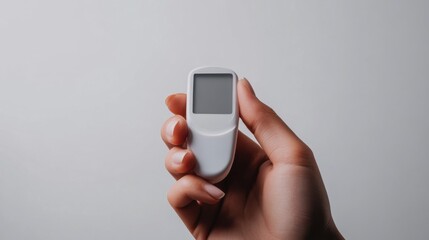 A hand holding a glucose testing device with a sharp reading on the screen. Featuring self-care and awareness