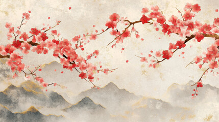 Fototapeta premium Sakura floral design featuring delicate pink blossoms with gold accents against soft mountain background