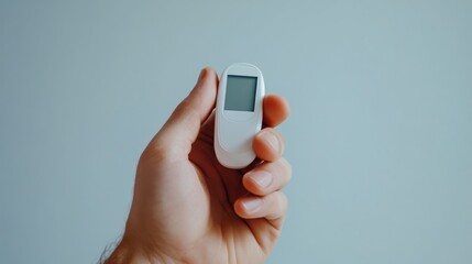 Fototapeta premium A hand holding a glucose testing device, showing a blood sugar level on the screen. Featuring health monitoring and diabetes management