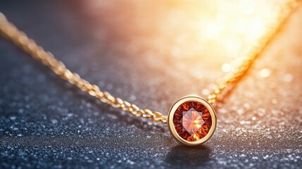 Fototapeta premium Close-up of a gold necklace with a polished red gemstone, softly glowing on a textured background