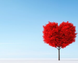A red heart-shaped tree stands against a clear blue sky, symbolizing love and nature's beauty.