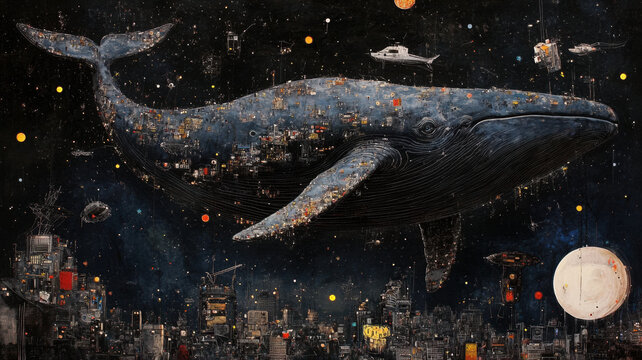 A delicate fine line drawing of a blue whale soaring gracefully through a starry night sky, its massive form weaving above the city, symbolizing its transformative impact on the world below.