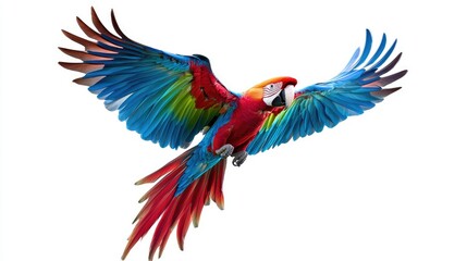 Obraz premium A macaw flying with elegance, wings extended wide, showcasing its colorful feathers against a stark white background