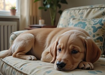 Labrador Puppy Relaxing on Floral Sofa