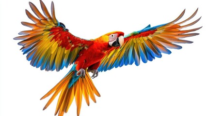 Fototapeta premium A macaw in flight, wings fully spread, with vivid feathers contrasting against a bright white background, emphasizing its beauty and power