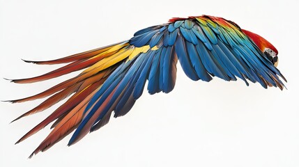 Obraz premium A macaw soaring through the air, showcasing its radiant feathers in blue, red, and yellow, isolated against a pristine white backdrop