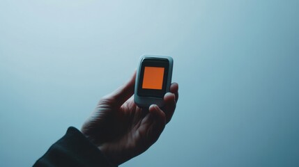 A hand holding a glucose testing meter with a blood sugar reading. Featuring health tracking and diabetes care