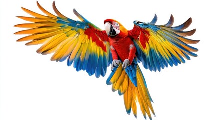 Obraz premium A macaw with colorful feathers in flight, wings extended, isolated against a white background to highlight the bird's bright and vivid colors