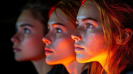 Obraz premium Three women in profile, illuminated in bright red, against a dark background for beauty