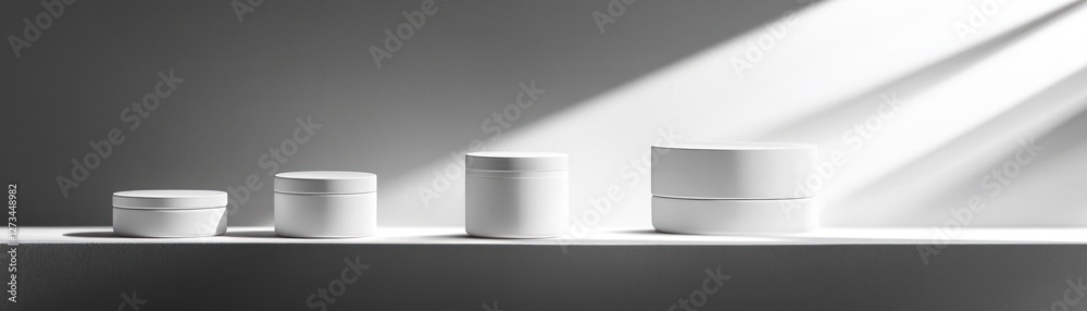 Poster white cosmetic containers stand in a row on a shelf