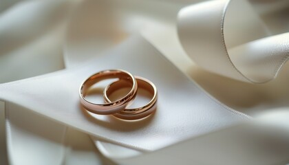 Elegant gold wedding rings on silk fabric with copy space for romantic celebration and engagement design