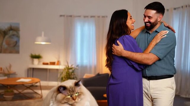 A fat cat looks with envy at a losing weight couple in love