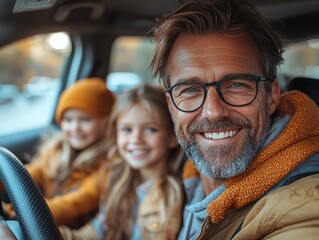 Transport and safety family driving a car going on a weekend trip away from the city with their daughters in their new car