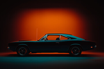 A side profile of a retro-styled muscle car with a deep matte finish, positioned in a moody low-light environment. No logos or text elements are present.