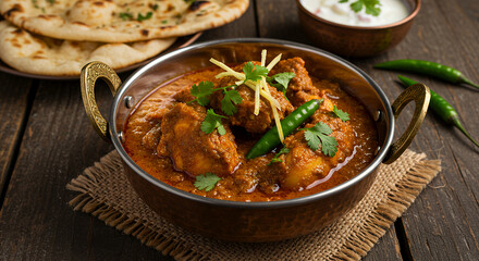 Traditional Chicken Curry with Naan and Yogurt - Chicken Karahi in a Traditional Copper Handi - chicken Karahi garnished with fresh cilantro, julienned ginger, and green chilies